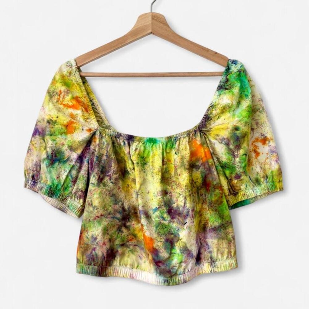 $128 NWT OOAK Upcycled Handmade Hand Dyed Puff Sleeve Crop Top- Size Large